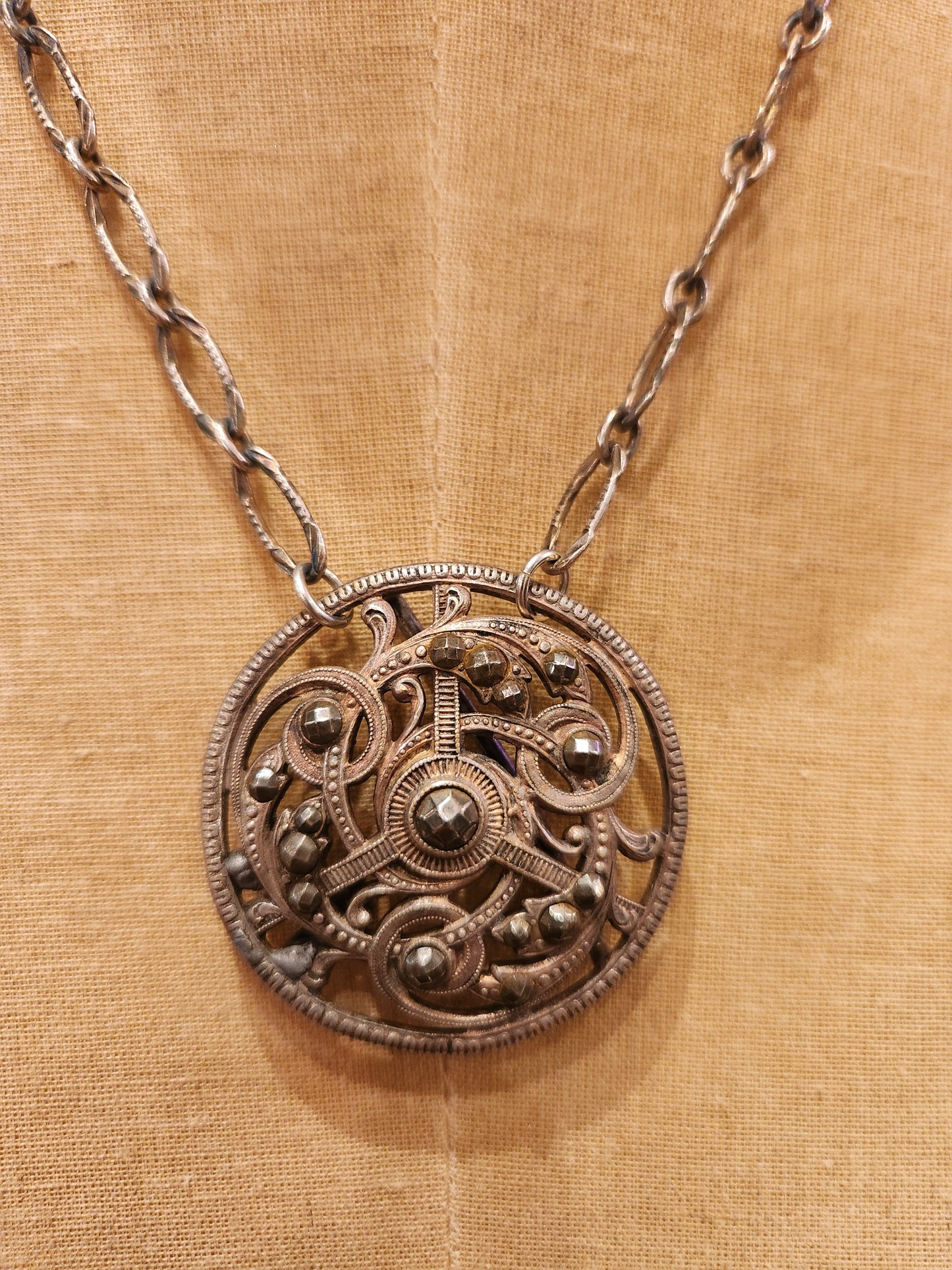 OOAK Vintage Sterling Plated Chain with Vintage Steel Cut Sash Belt