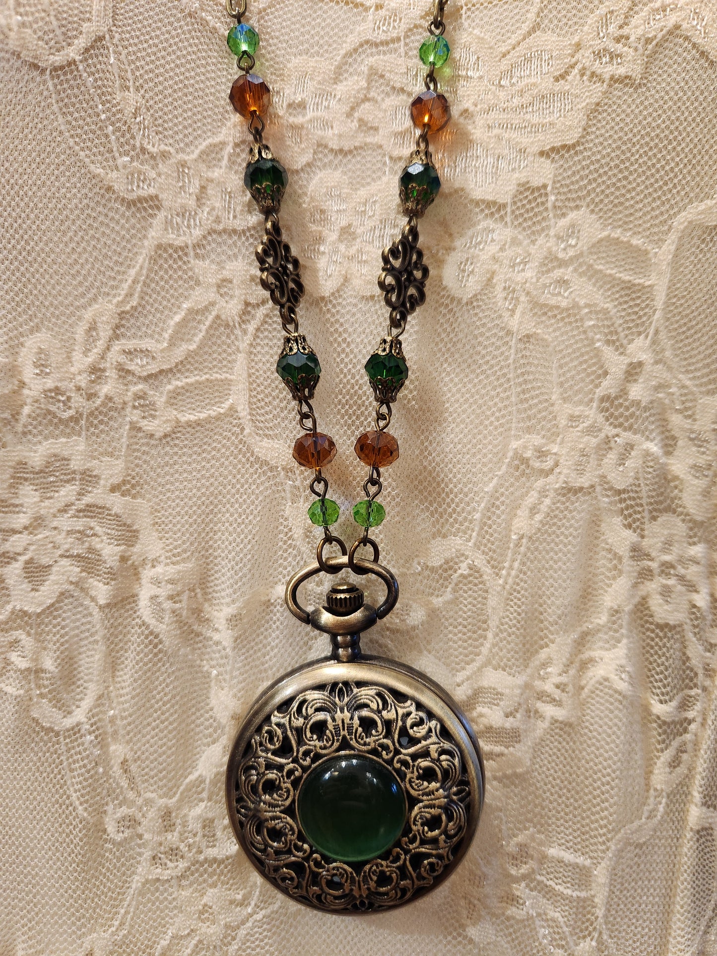 Victorian Style Pocket Watch Necklace | Green Gem Locket