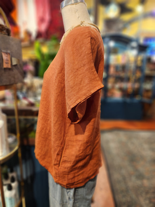 Wide Neck Frayed Linen Top