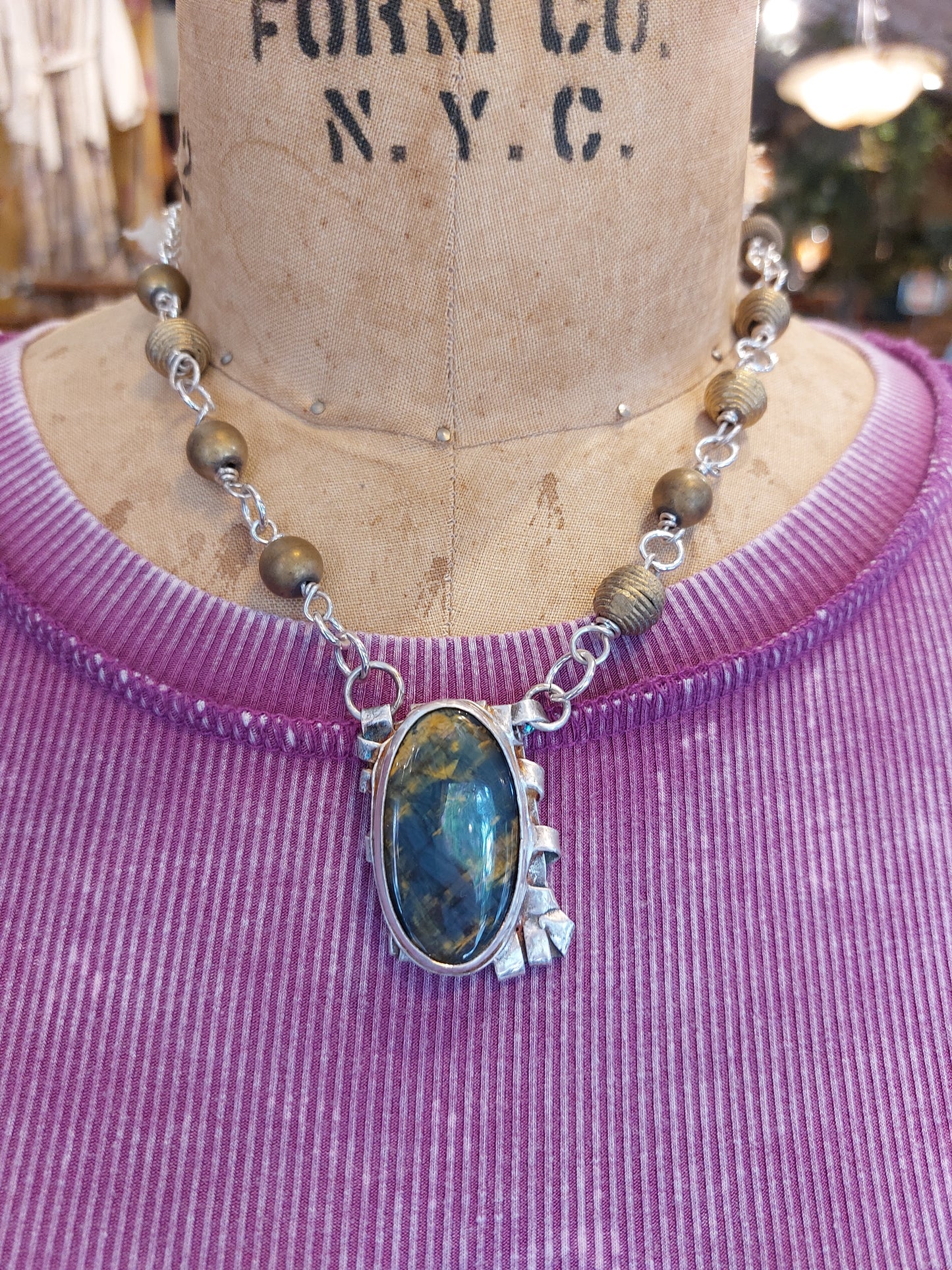 Fine Silver Pietersite W/ Brass African Beads Chain Necklace *425N-6