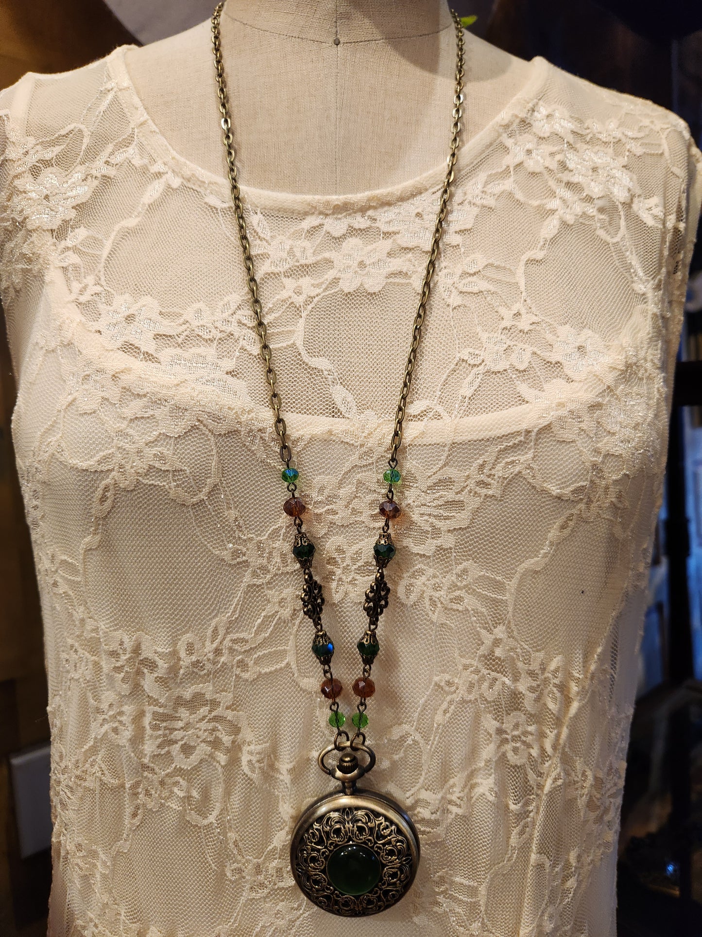 Victorian Style Pocket Watch Necklace | Green Gem Locket