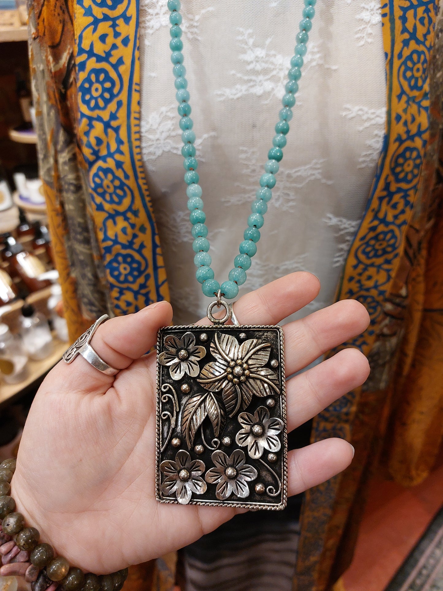 Silver Flower Pendant w/ Amazonite Beads Necklace