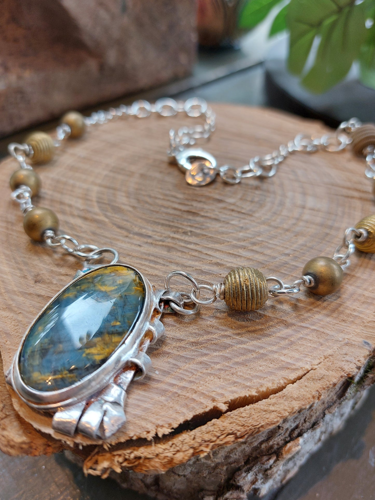 Fine Silver Pietersite W/ Brass African Beads Chain Necklace *425N-6