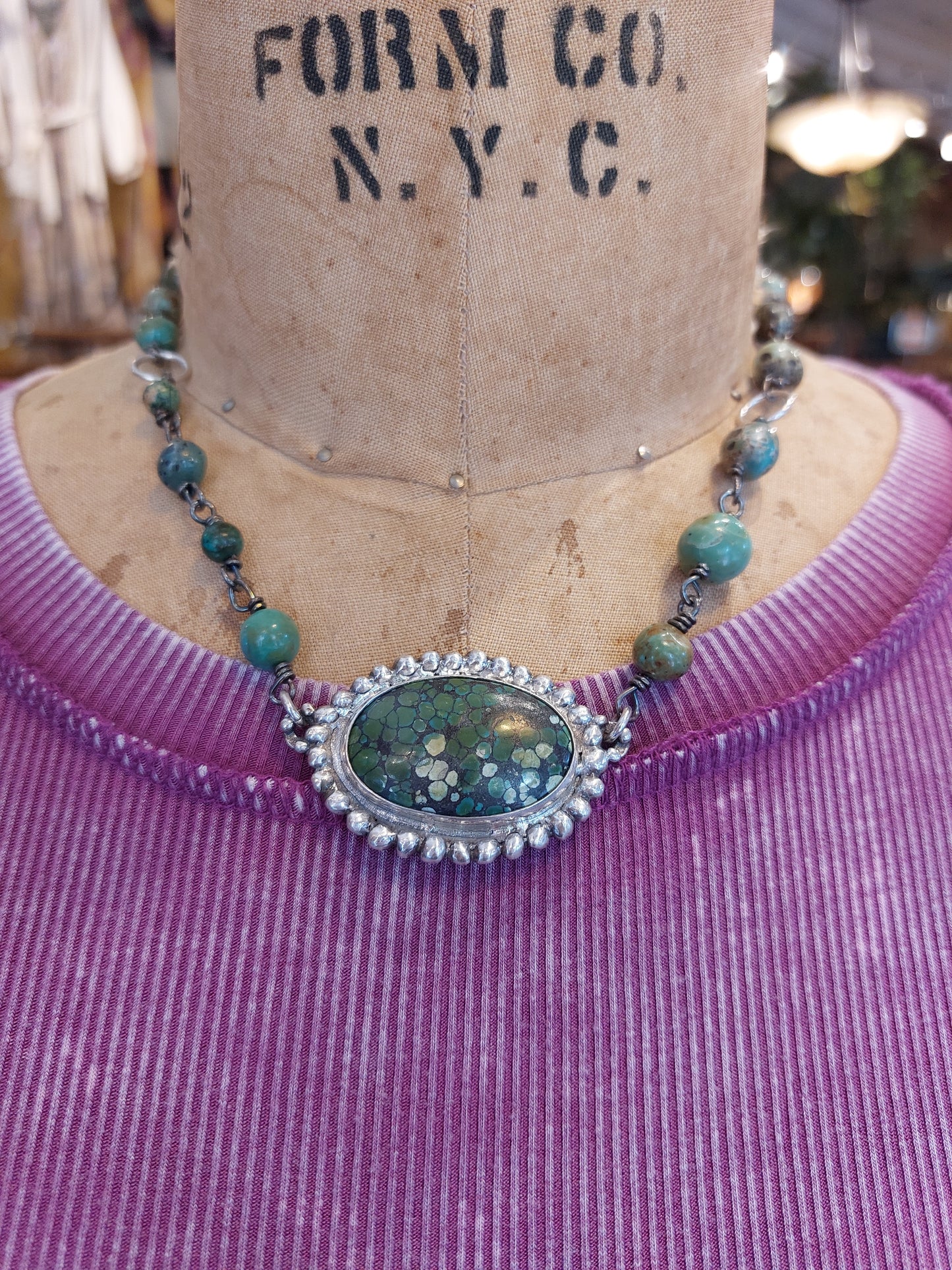 Fine Silver Turquoise W/ Beaded Chain Necklace *425N-2