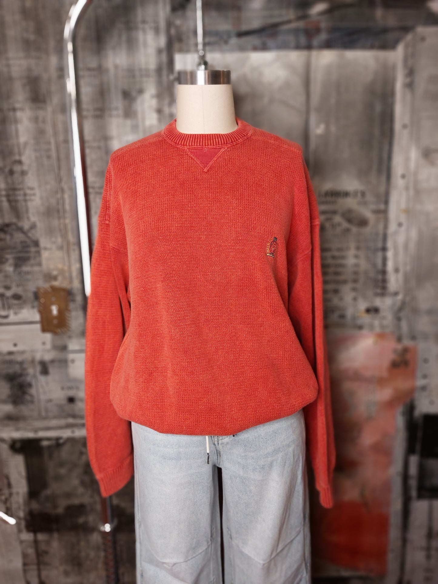 Acid Wash Knit Sweater - Red
