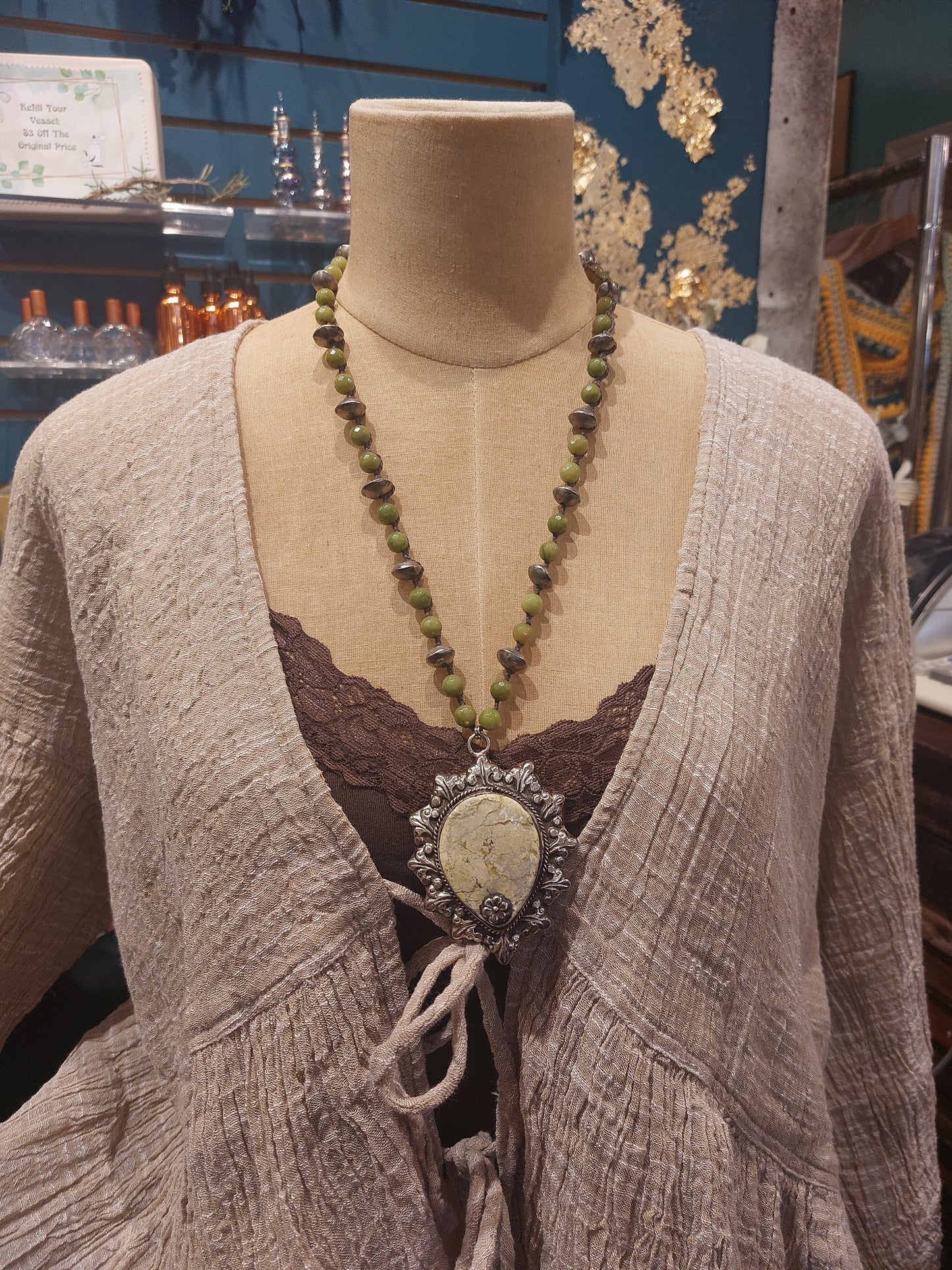 Green Jasper Pendant On Olive Jade Necklace