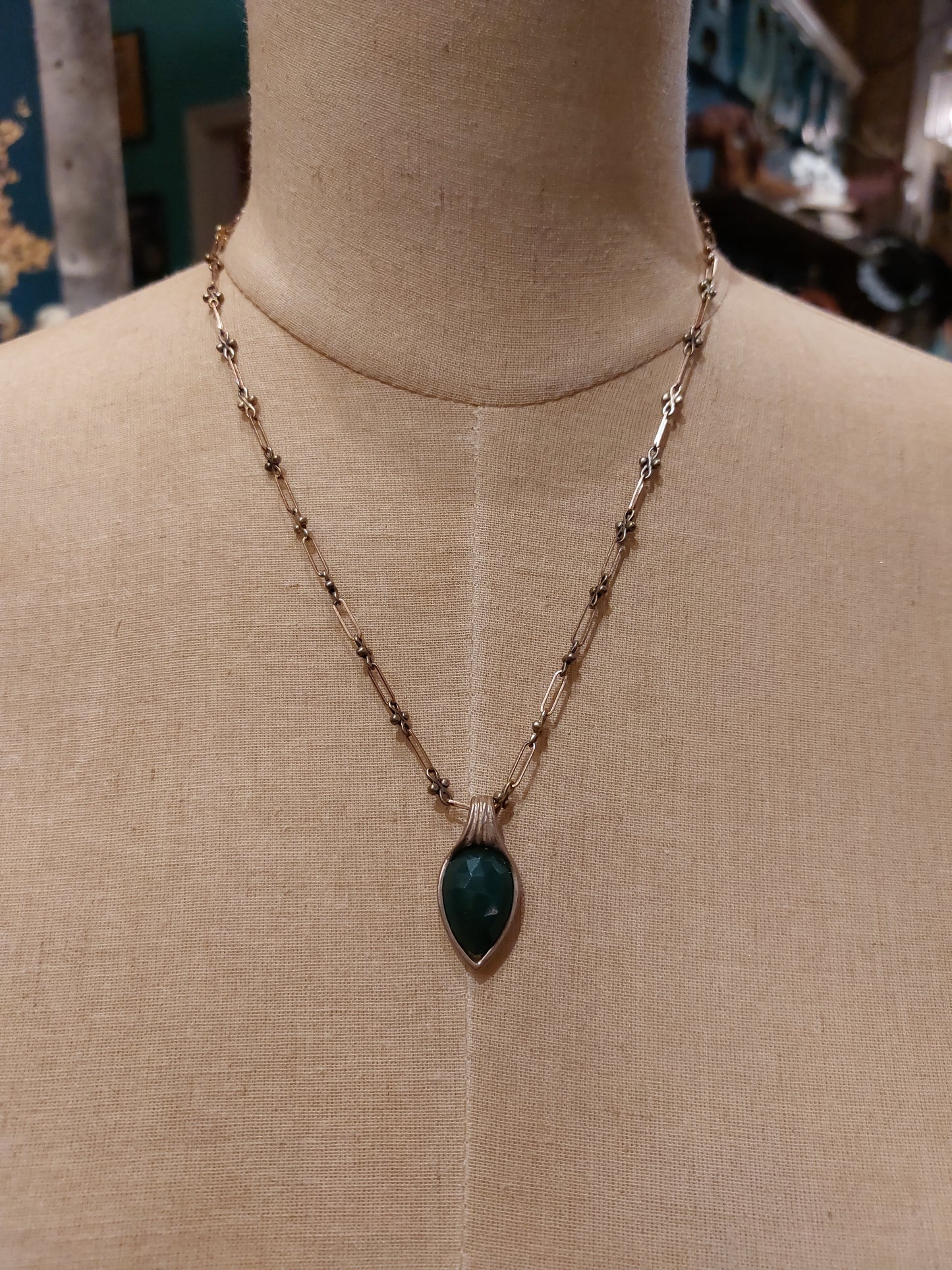Bronze Pear Shape Pendant Necklace- Green Aventurine