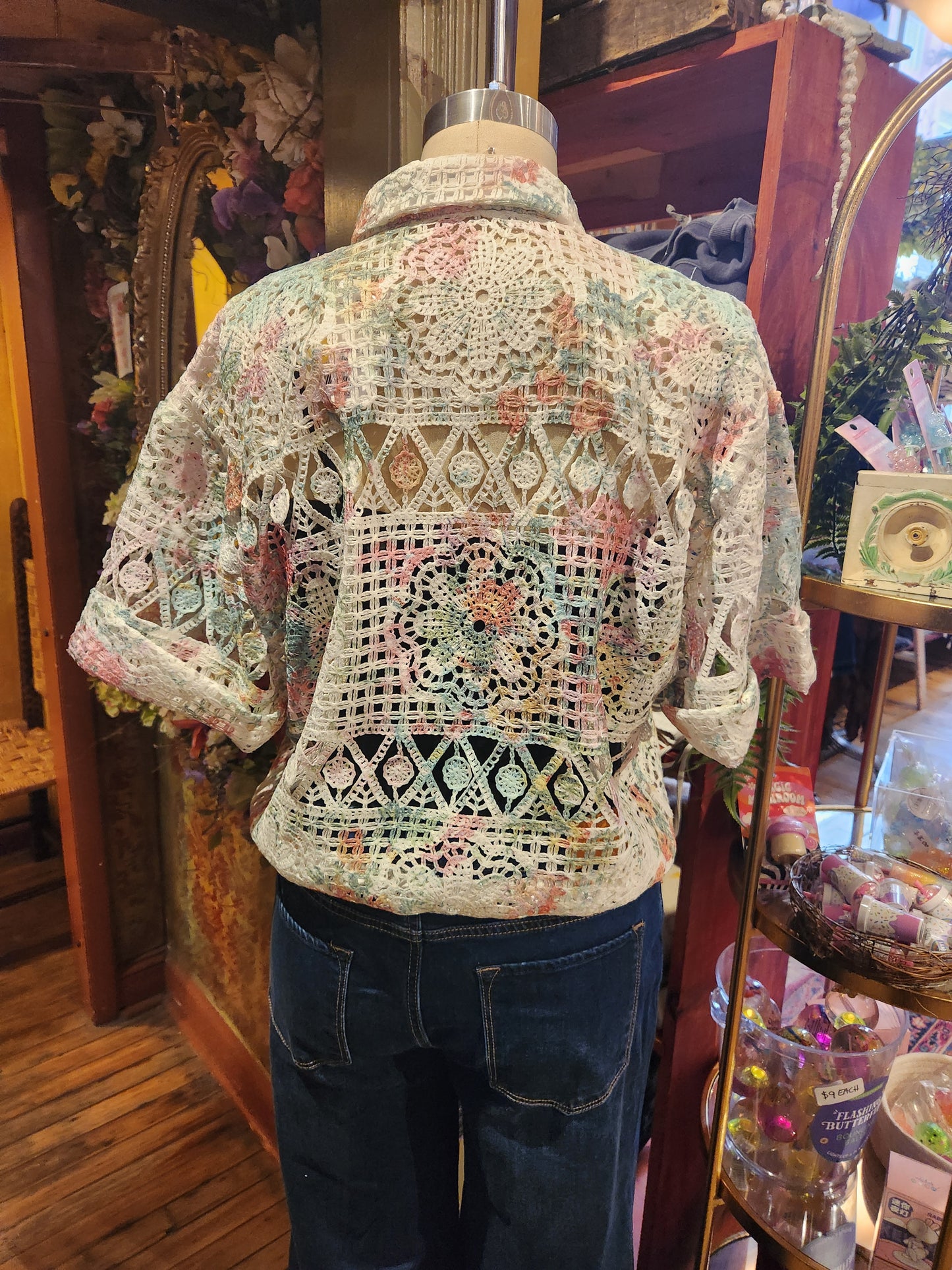 Printed Lace Top with Drawstring Hem