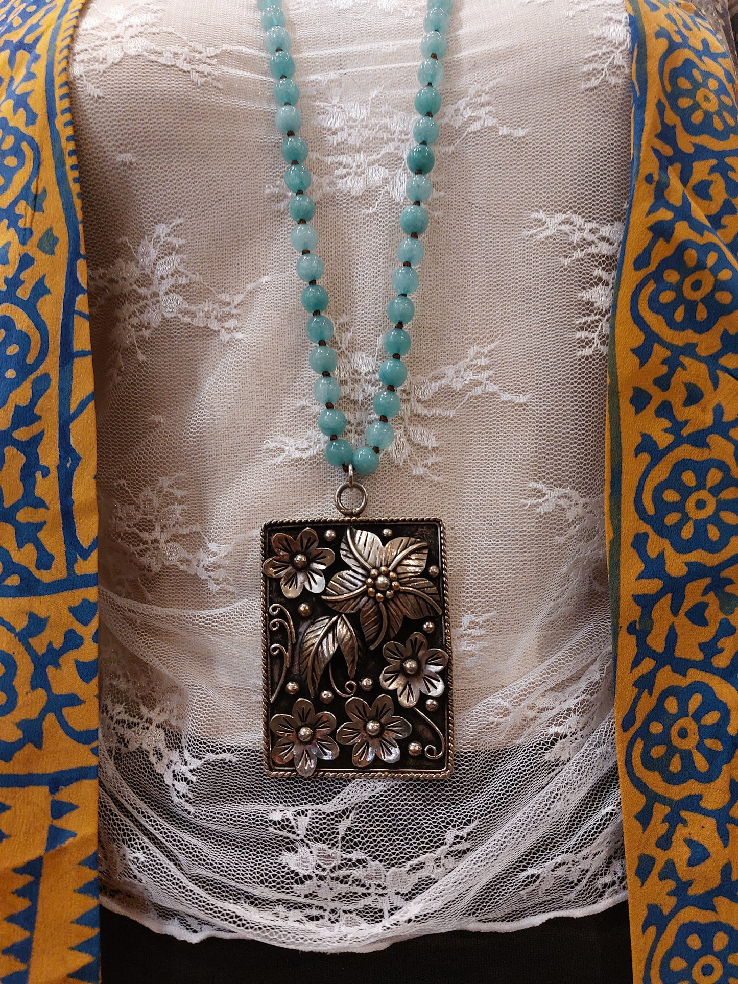 Silver Flower Pendant w/ Amazonite Beads Necklace