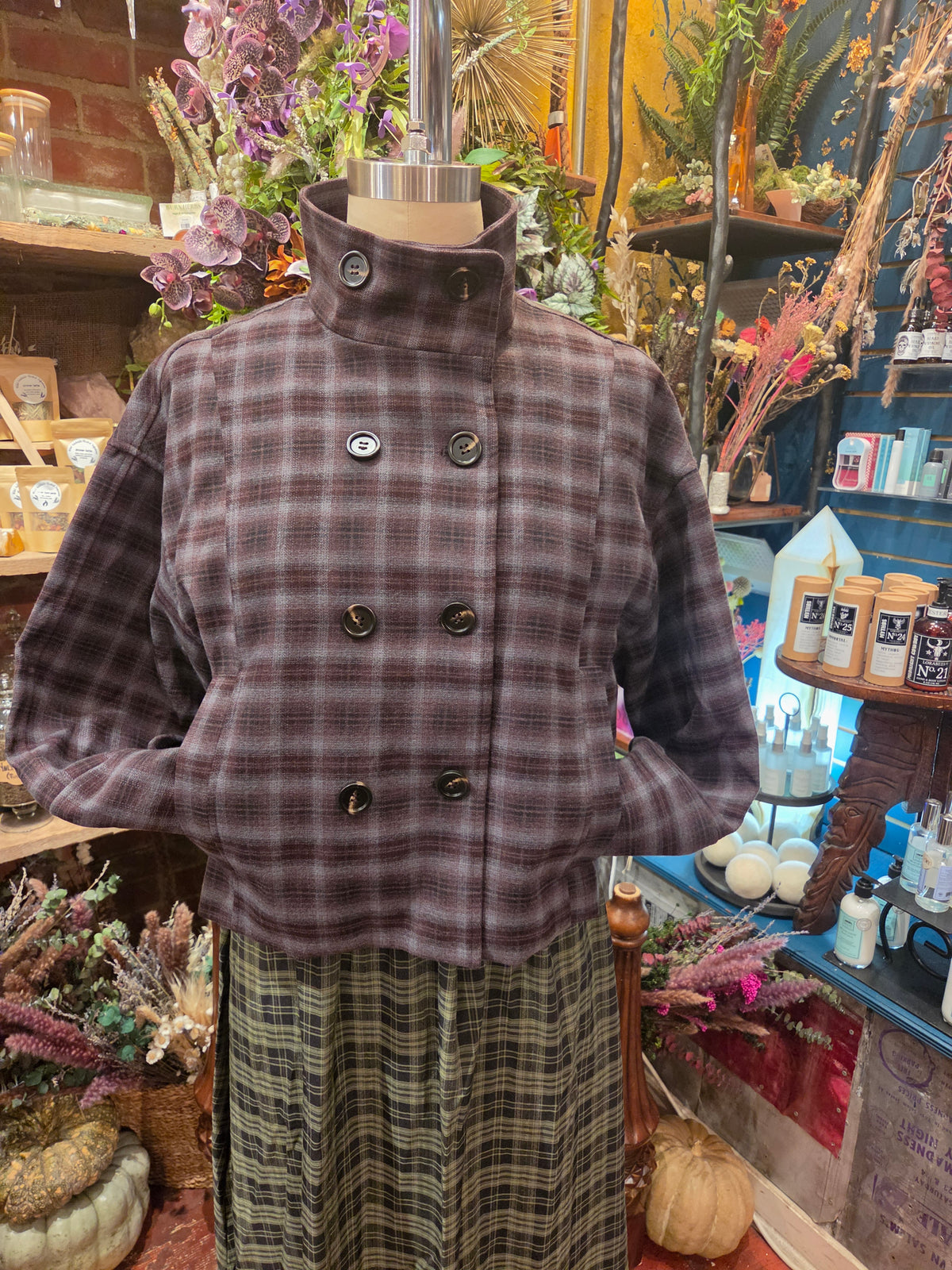 Brown/Blue Funnel Neck Short Coat