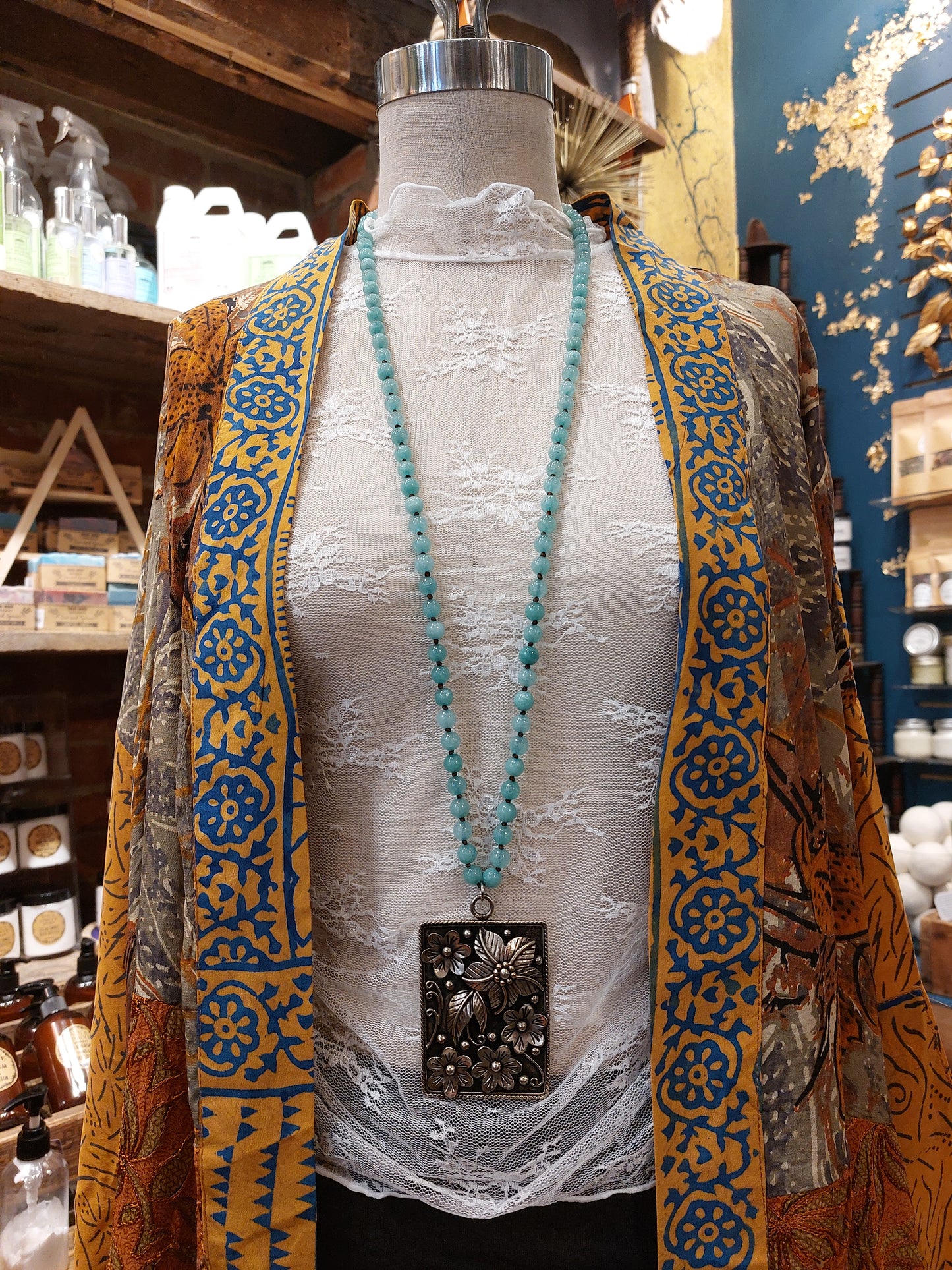 Silver Flower Pendant w/ Amazonite Beads Necklace