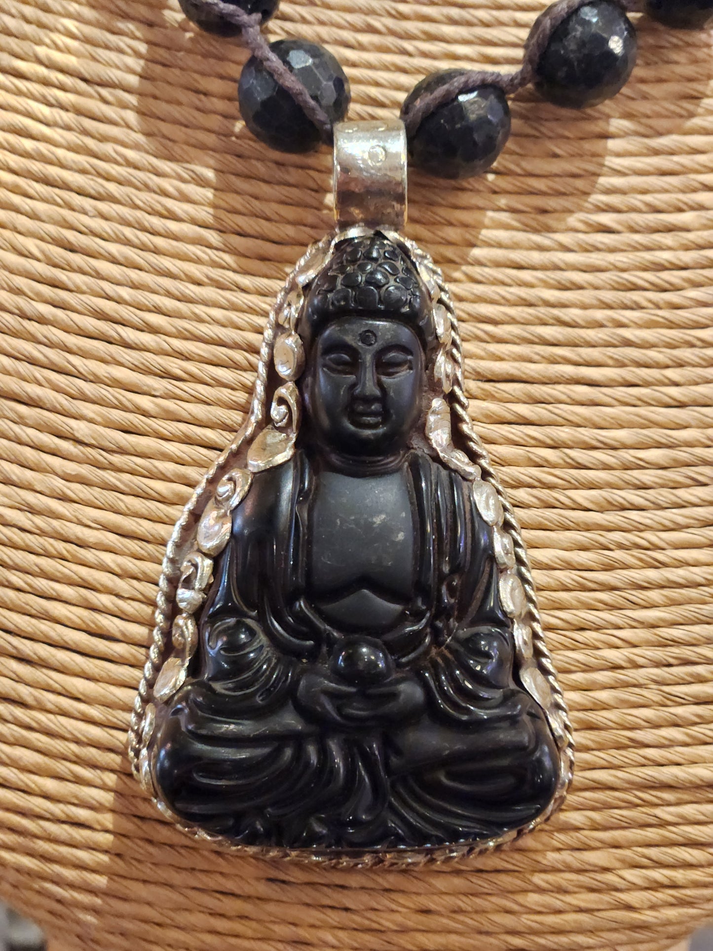 Carved Jet Buddha Pendant with Onyx Beaded Necklace