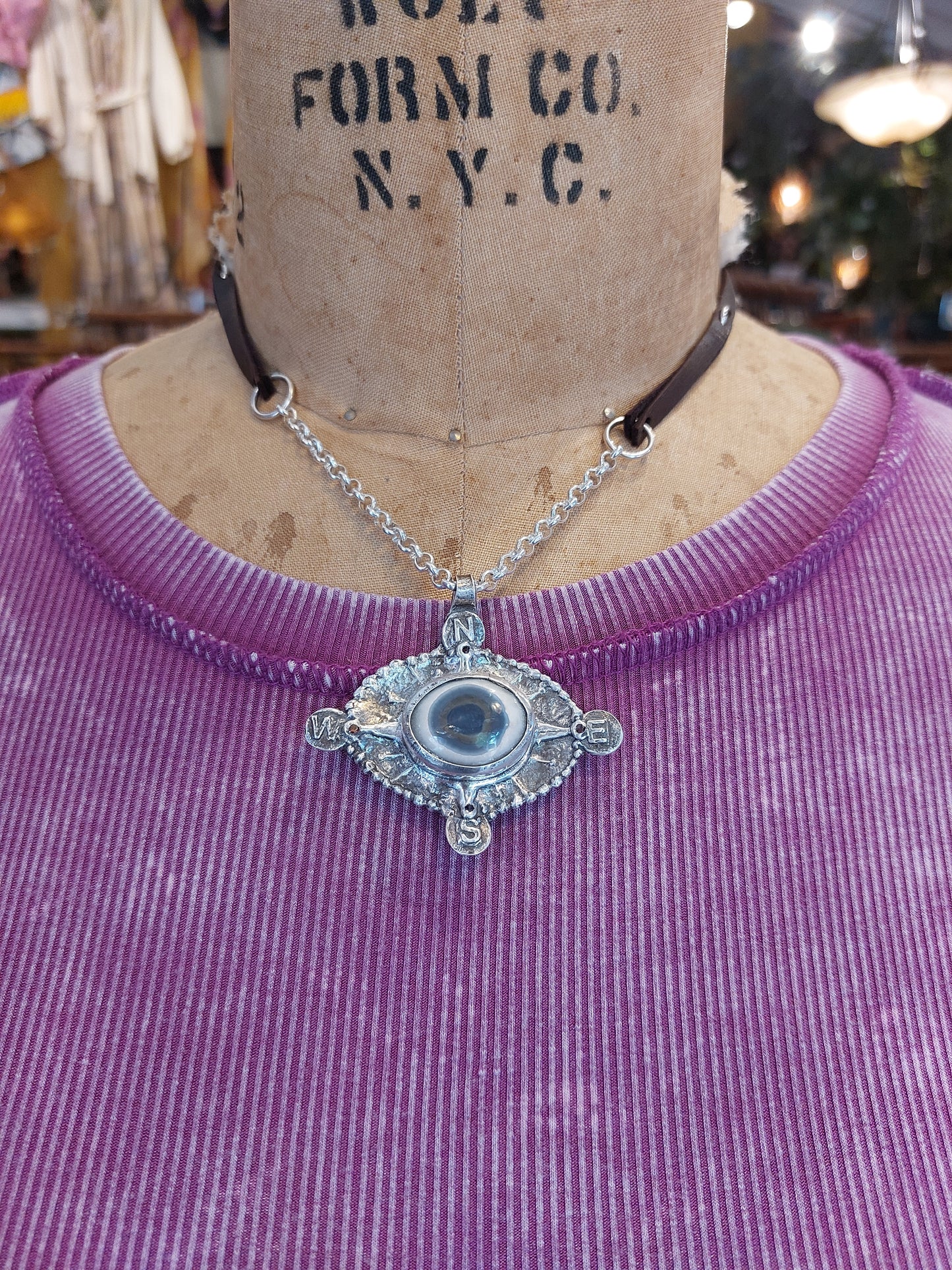 Fine Silver Solar Eye Quartz W/ Leather Chain Necklace *425N-3