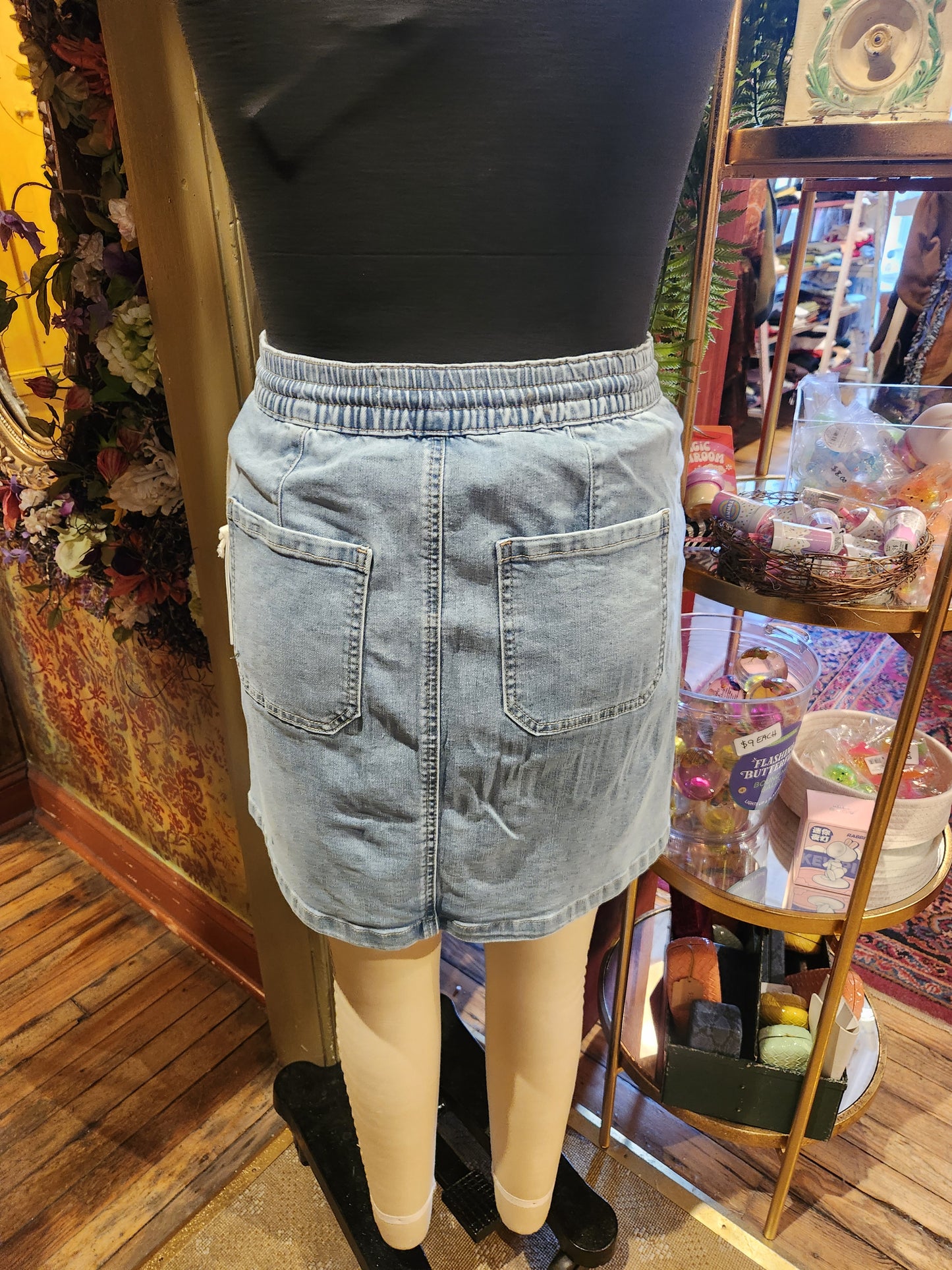 Drawstring Denim Skort with Patch Pockets