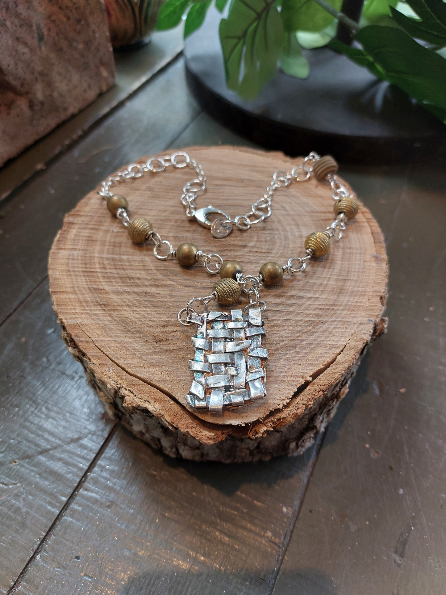 Fine Silver Pietersite W/ Brass African Beads Chain Necklace *425N-6