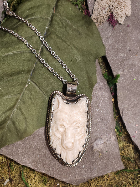 Silver Deer Bone Wolf Pendant