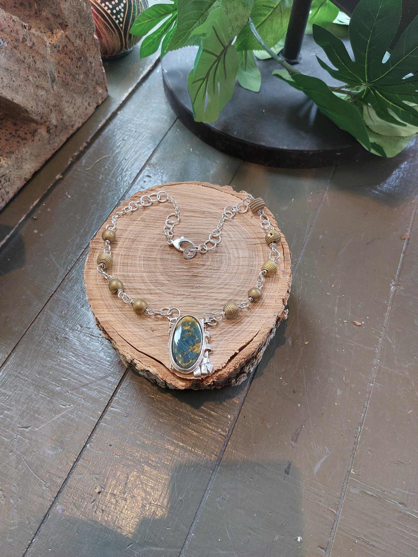 Fine Silver Pietersite W/ Brass African Beads Chain Necklace *425N-6