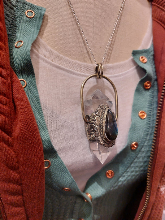 Crystal and Teardrop Labradorite Drop Pendant with Chain