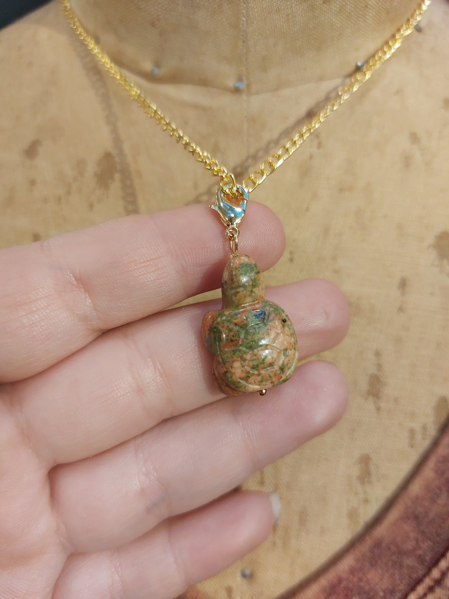 Gem Pet Charms - Unakite Turtle Charm Necklace