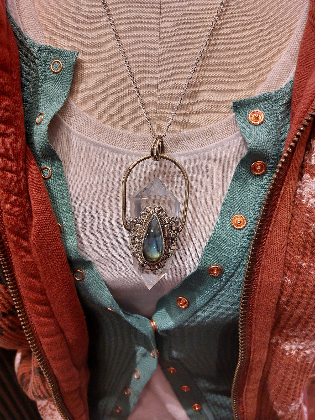 Crystal and Teardrop Labradorite Drop Pendant with Chain