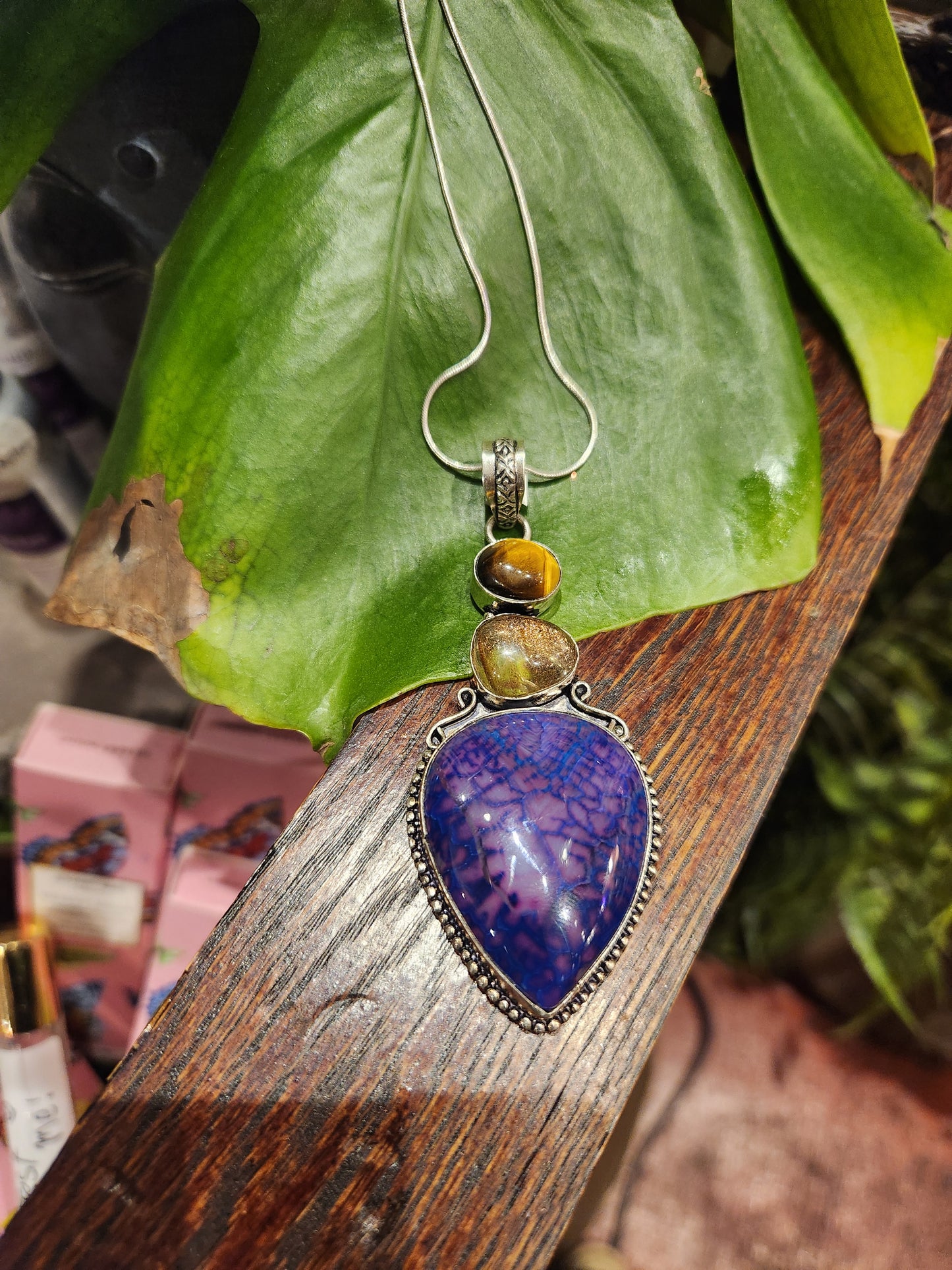 Dyed Purple Agate Gold Rutilated Quartz Tigers Eye Pendant