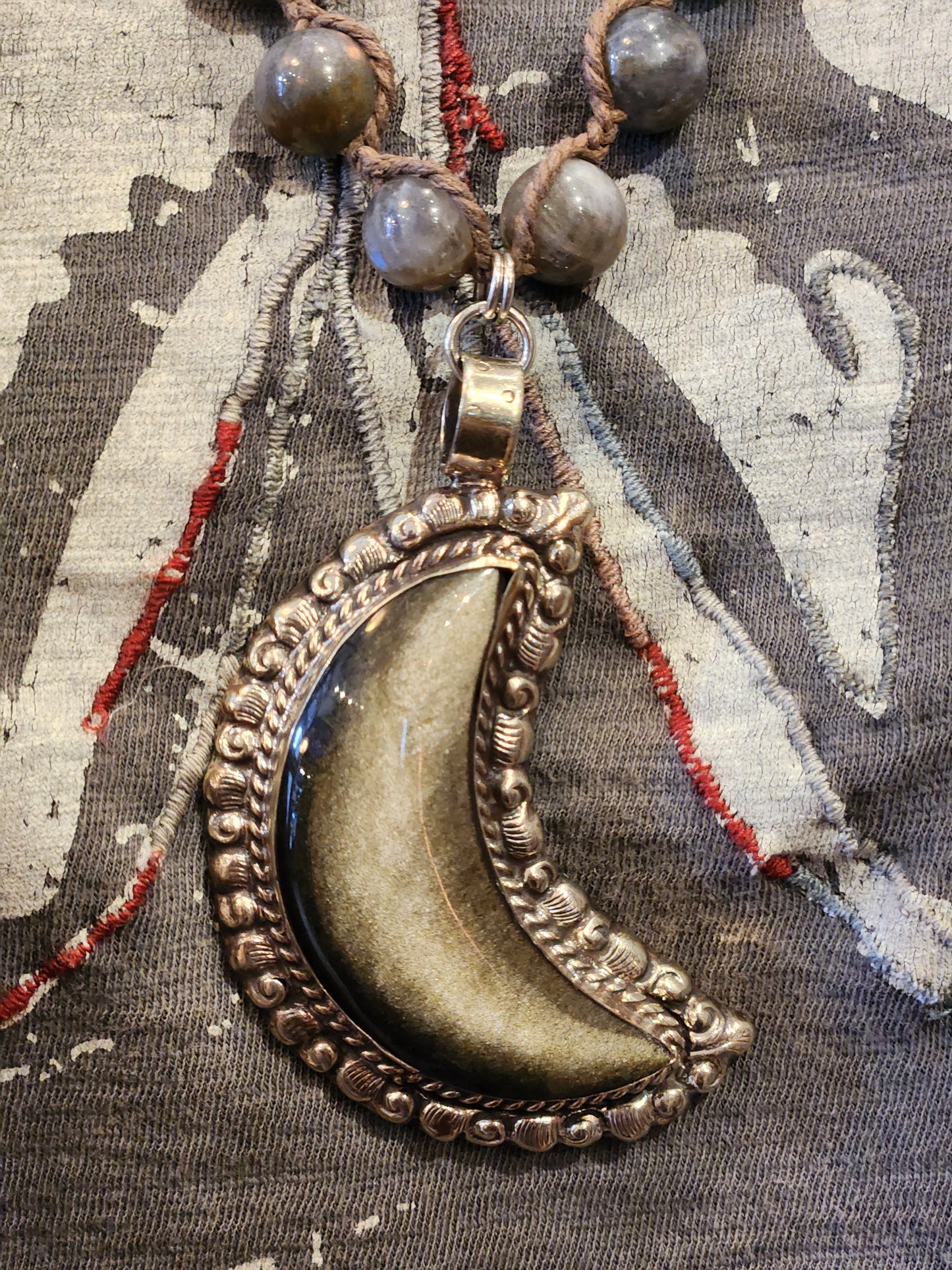 Gold Sheen Obsidian Moon with Labradorite Beaded Necklace