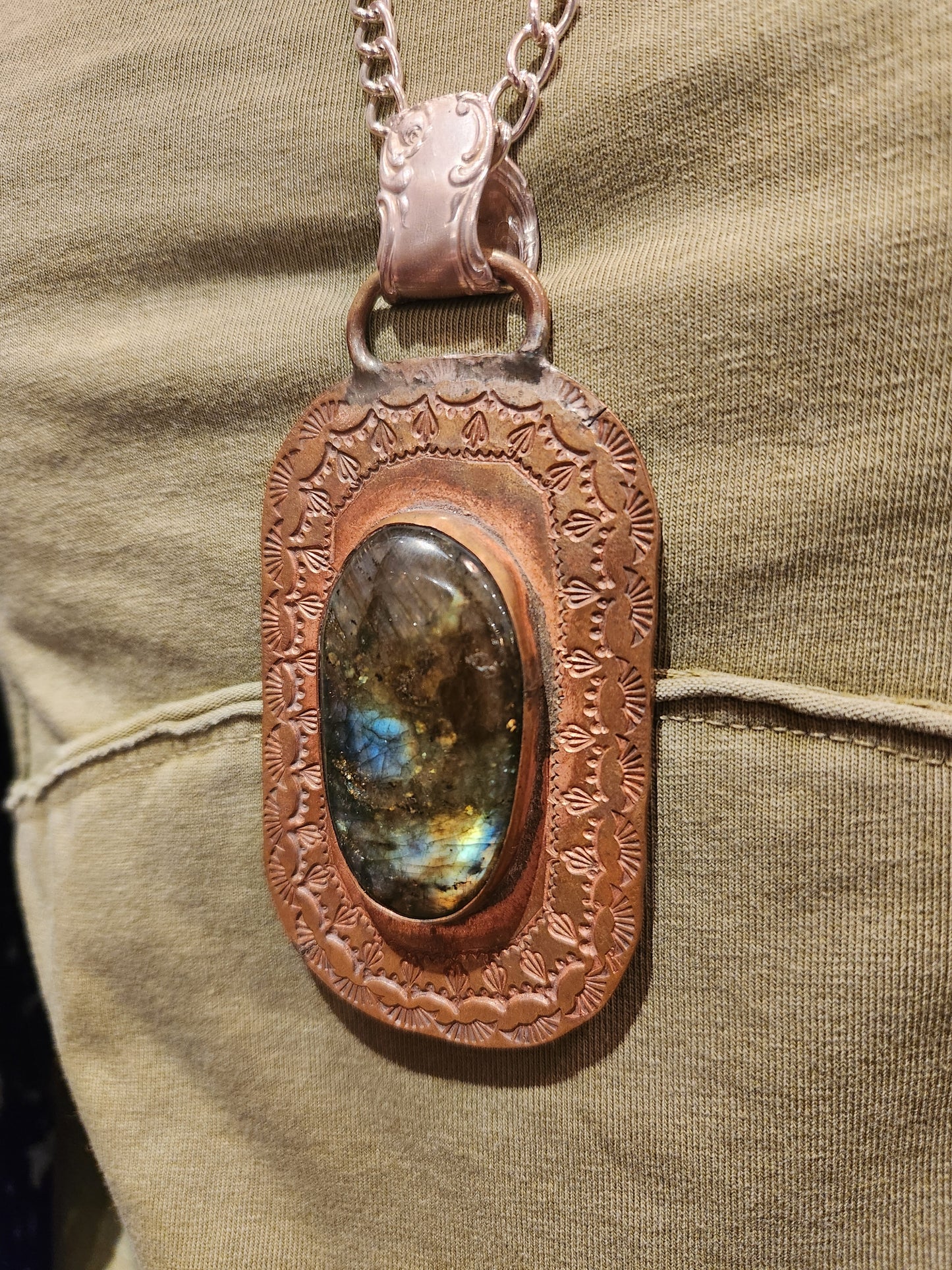 Stamped Vintage Metal & Labradorite Statement Pendant