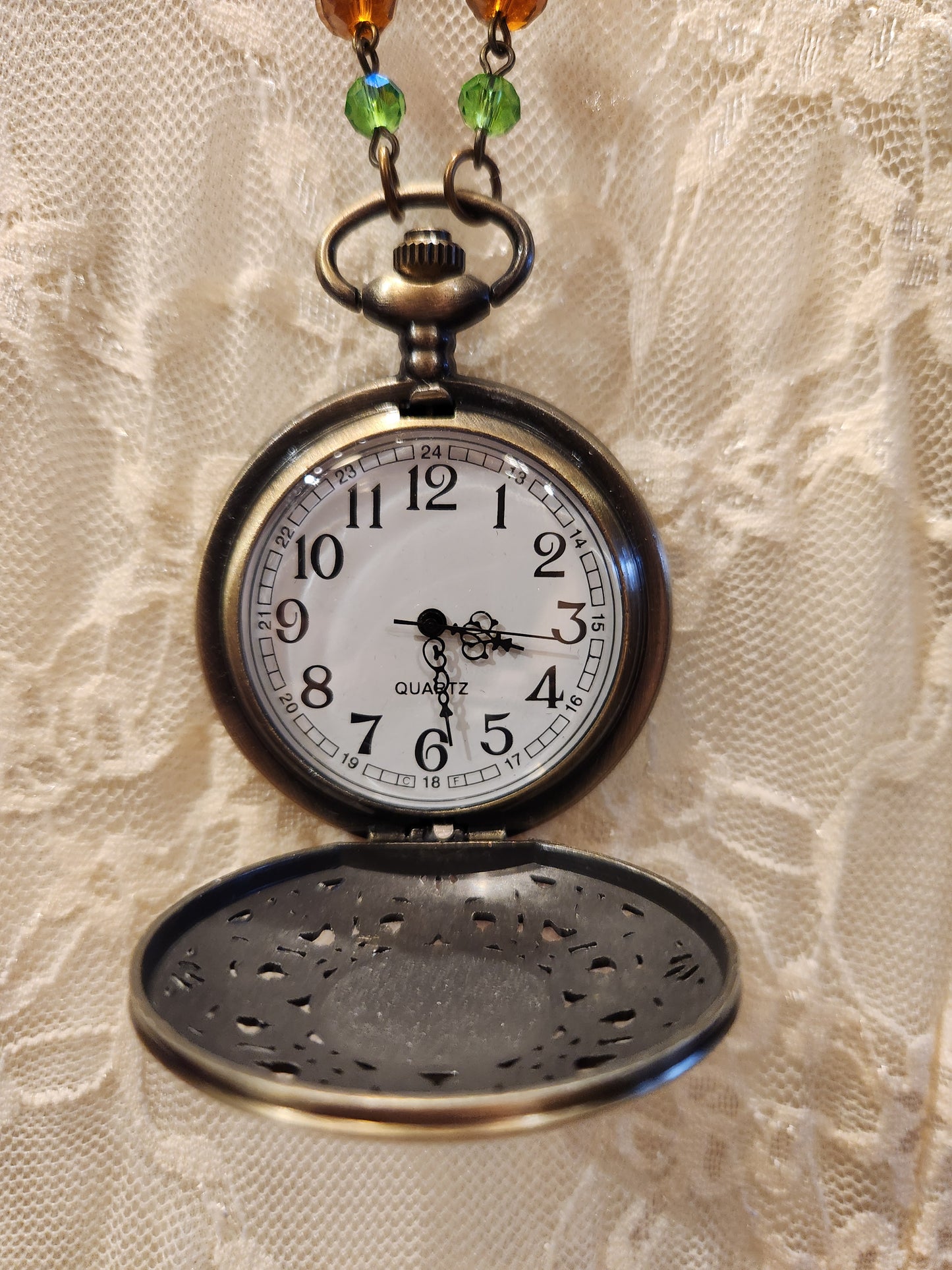 Victorian Style Pocket Watch Necklace | Green Gem Locket
