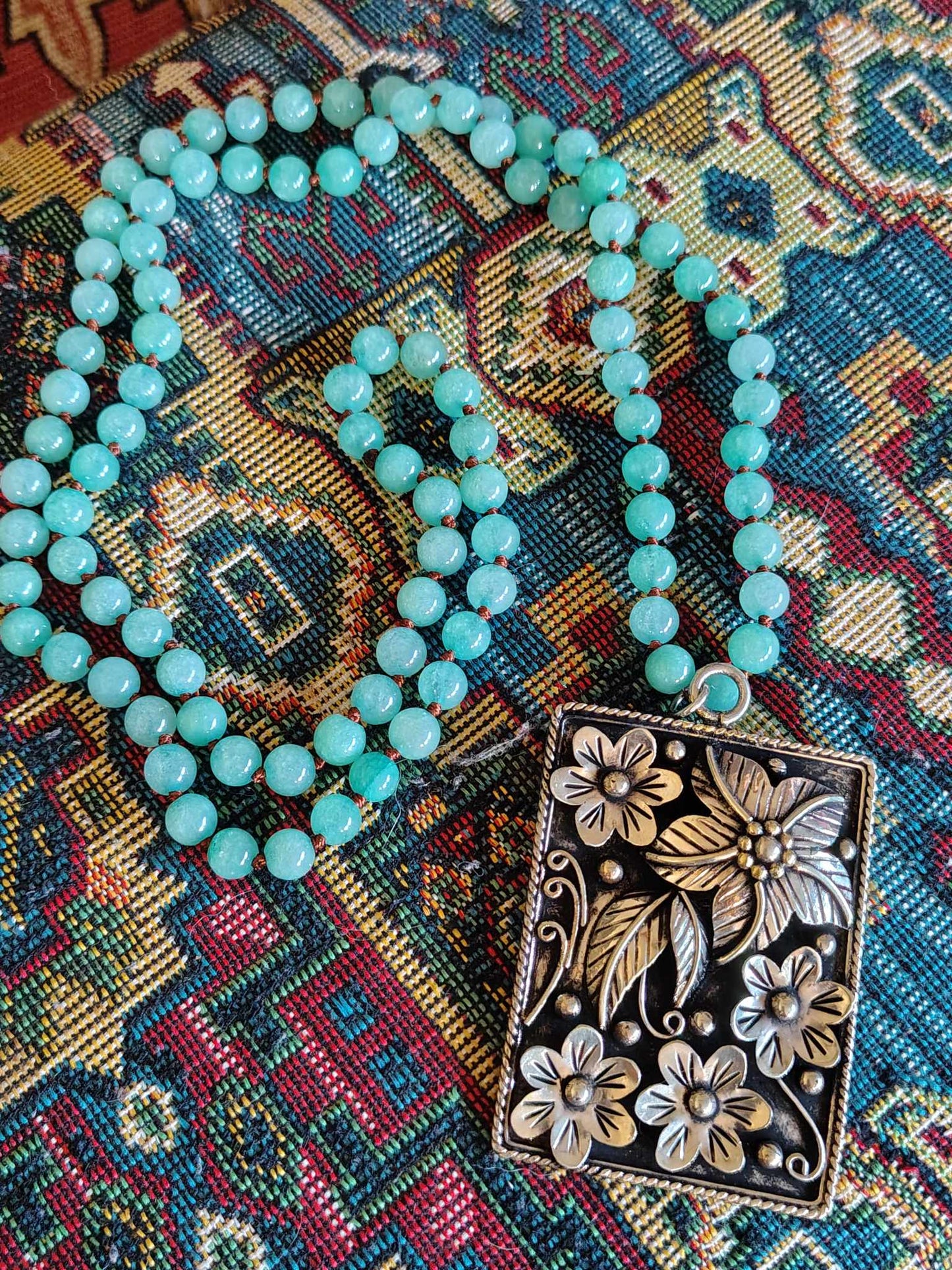 Silver Flower Pendant w/ Amazonite Beads Necklace