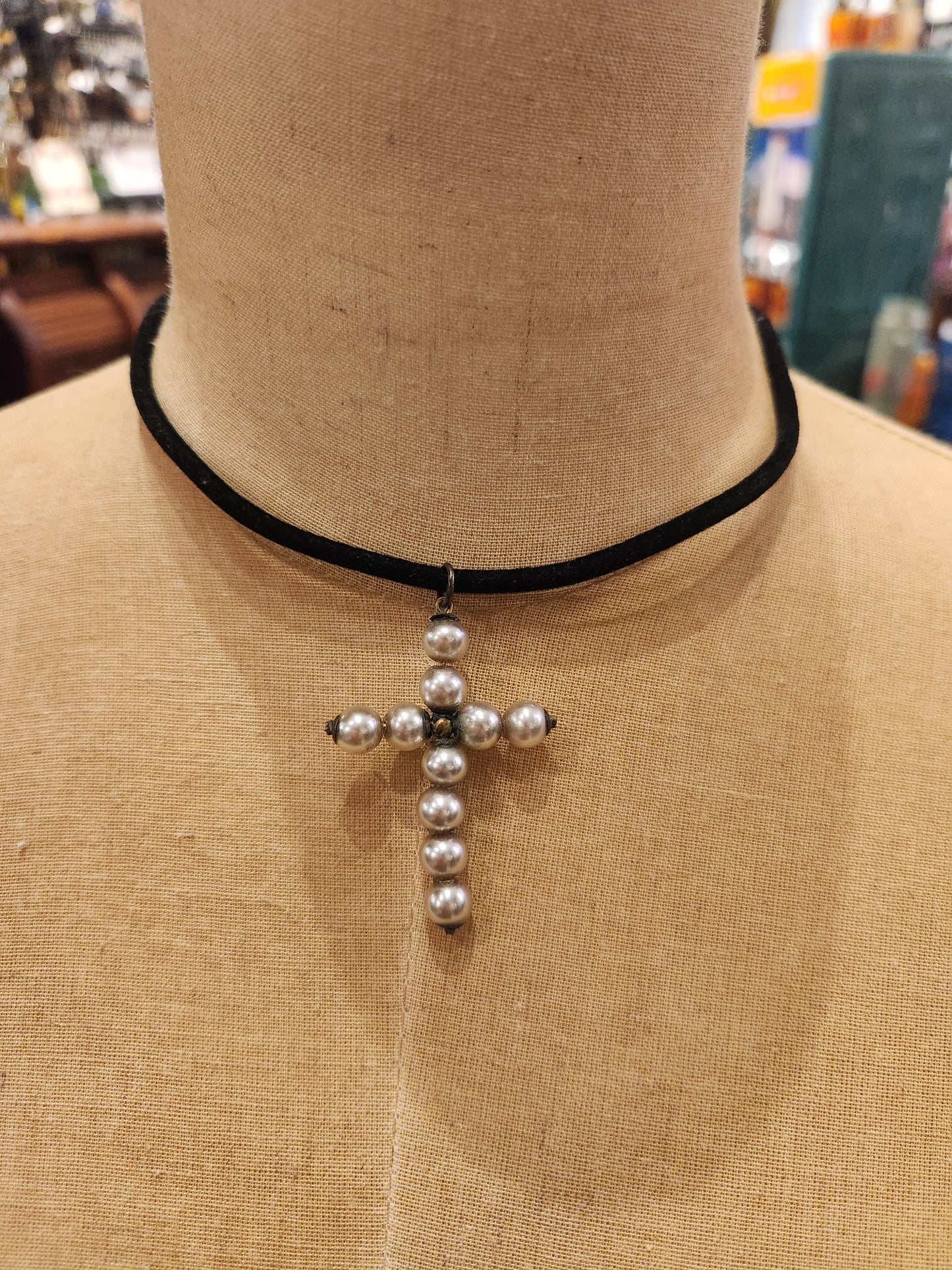 OOAK Vintage Velvet Choker with Antique French Faux Pearl Cross