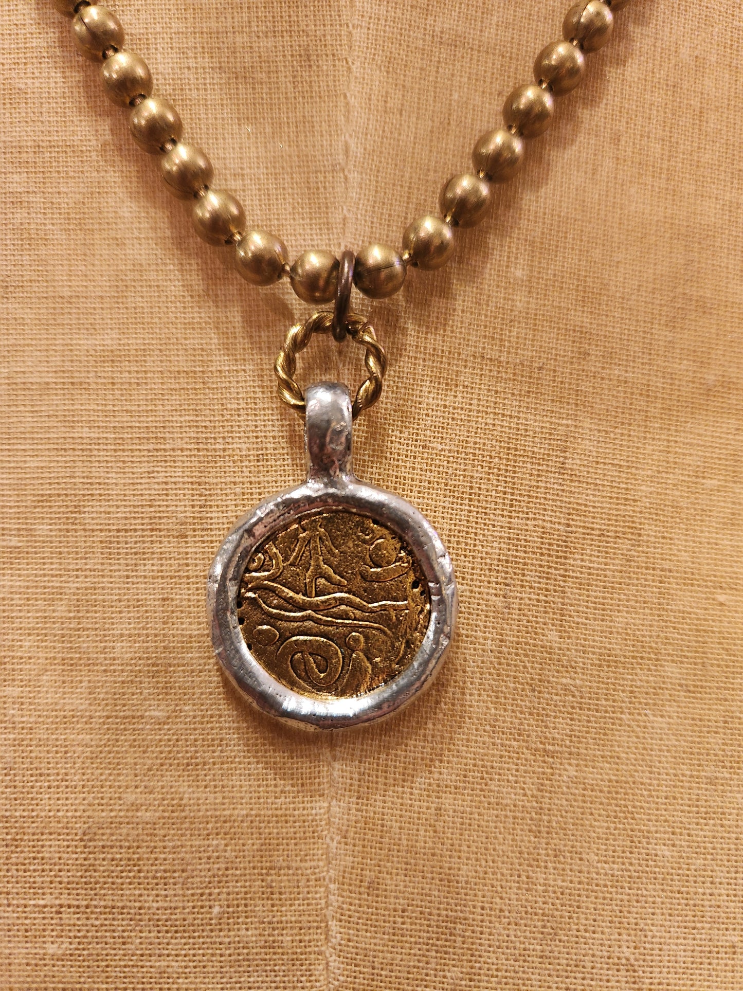 Mixed Metal Medallion Plated Necklace Vintage Reproduction - Gold with Silver Edge