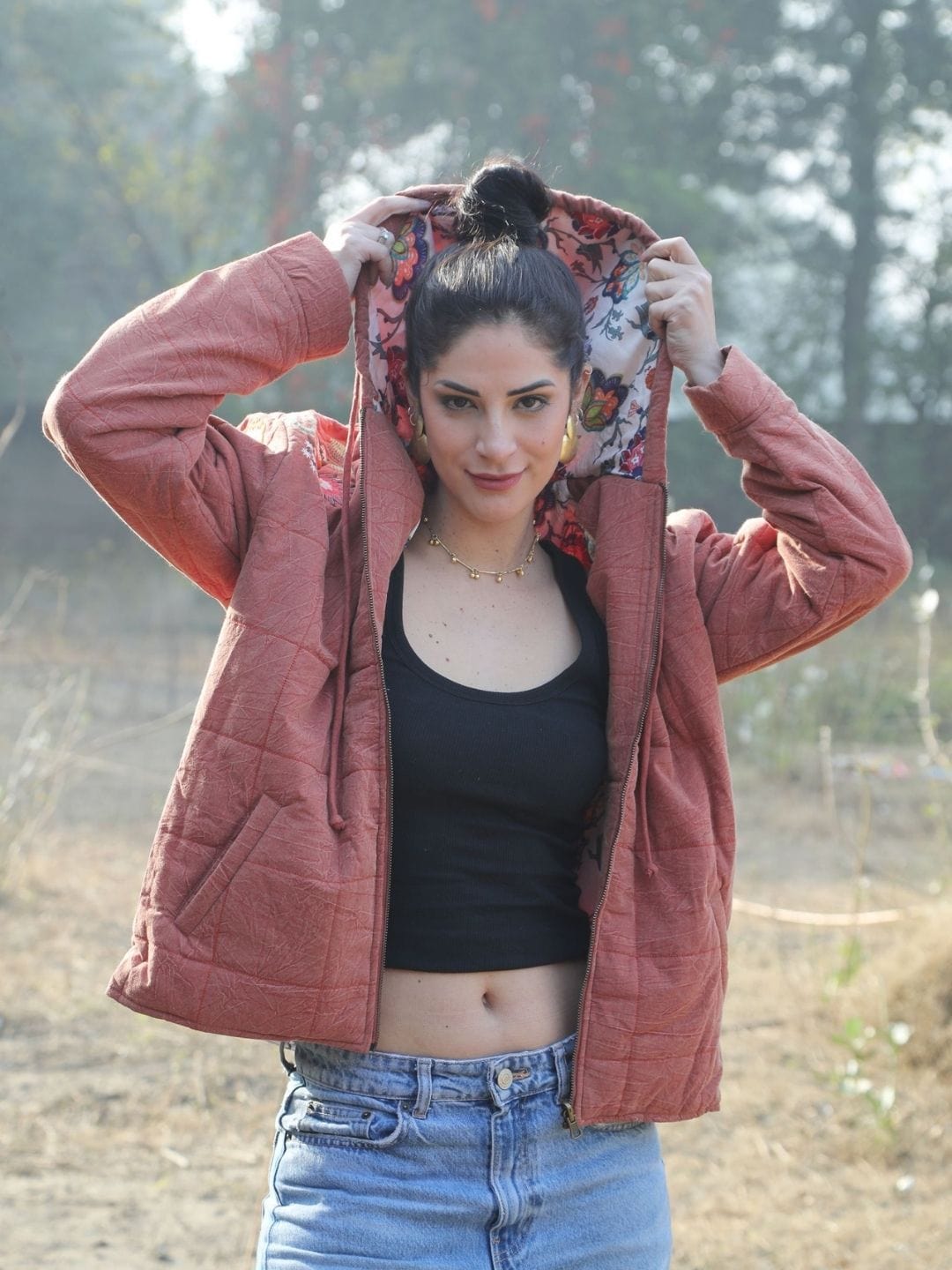 Embroidered Hooded Jacket - Rust
