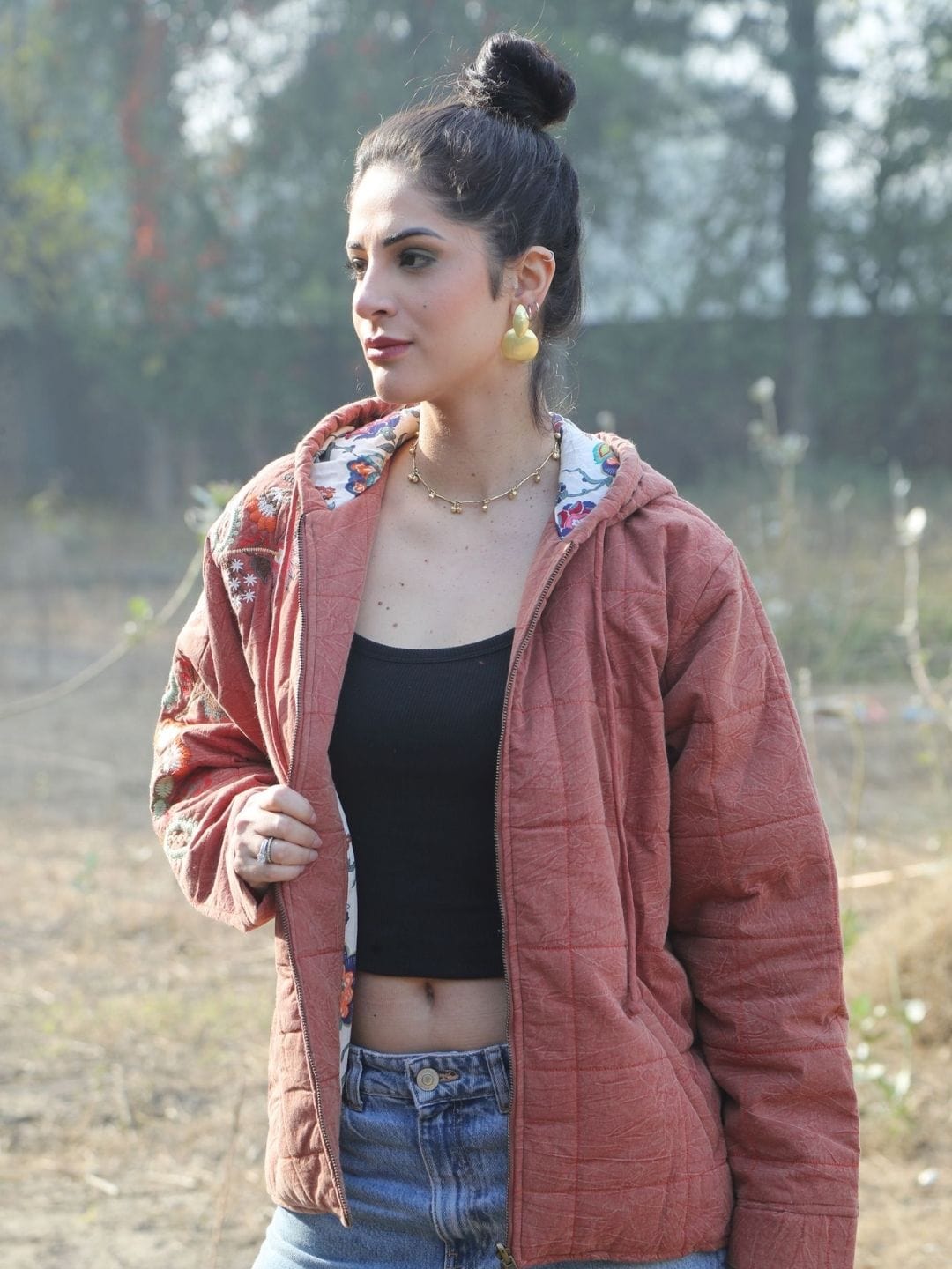 Embroidered Hooded Jacket - Rust