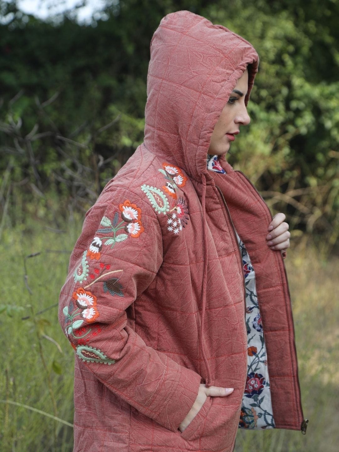 Embroidered Hooded Jacket - Rust