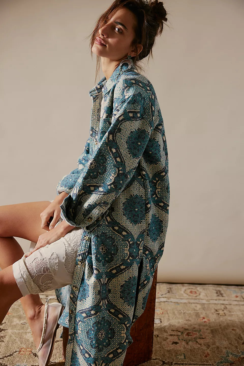 Brick Lane Jacquard Maxi Shirt Jacket - Blue Combo