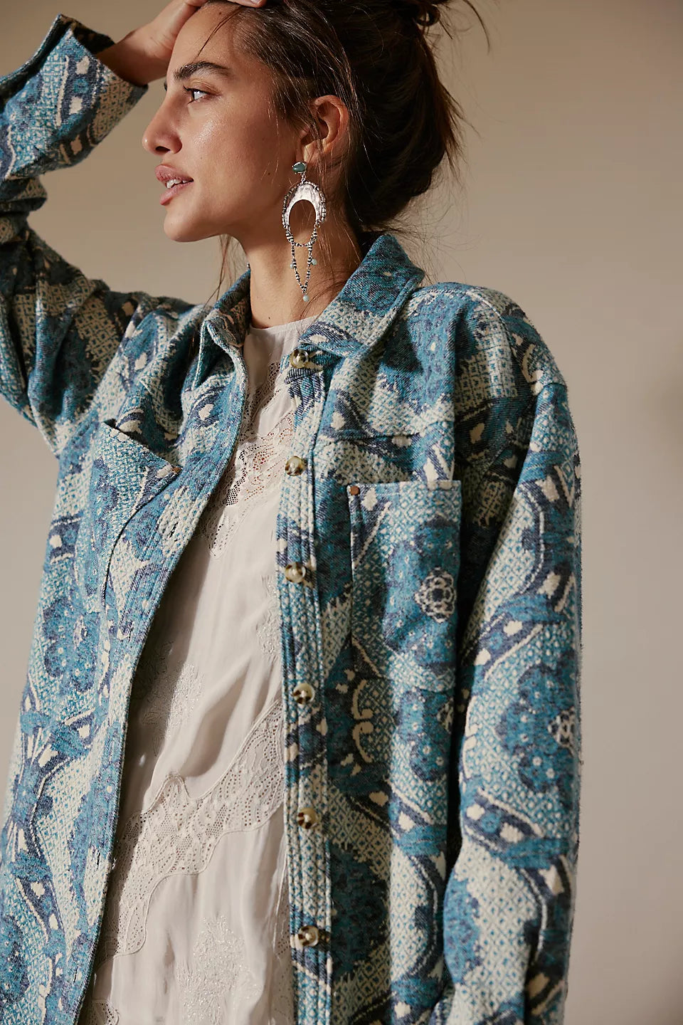Brick Lane Jacquard Maxi Shirt Jacket - Blue Combo