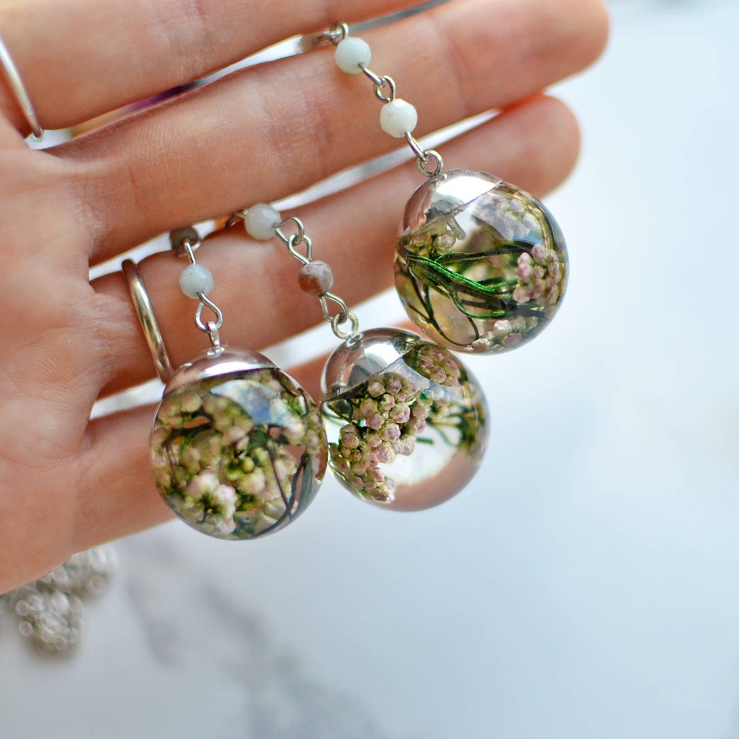 Pink Rice flower silver Sphere Pendant - La De Da
