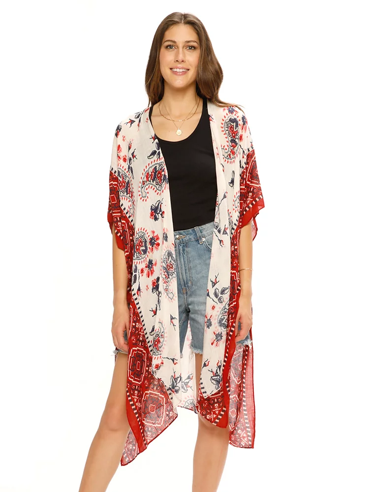 Cream & Red Pattern Open Front Kimono - La De Da