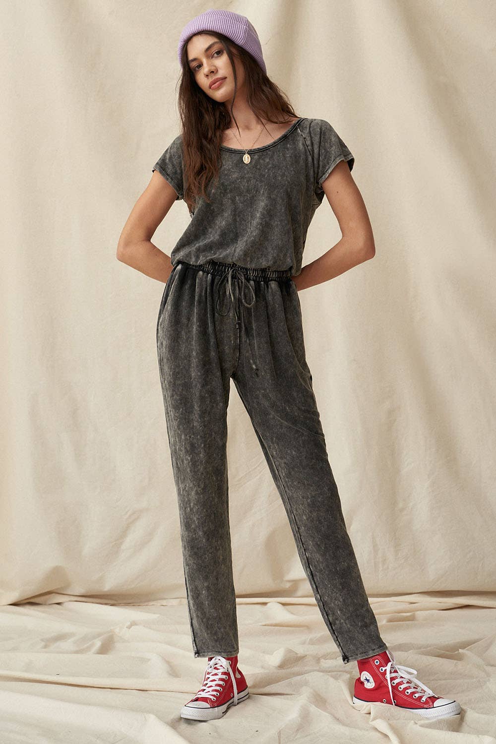 Washed Open-Back Short-Sleeve Jogger Jumpsuit - La De Da