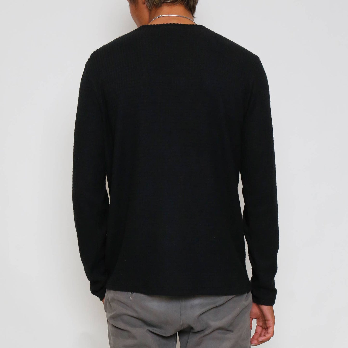 Brushed Waffle V Neck Long Sleeve - Black