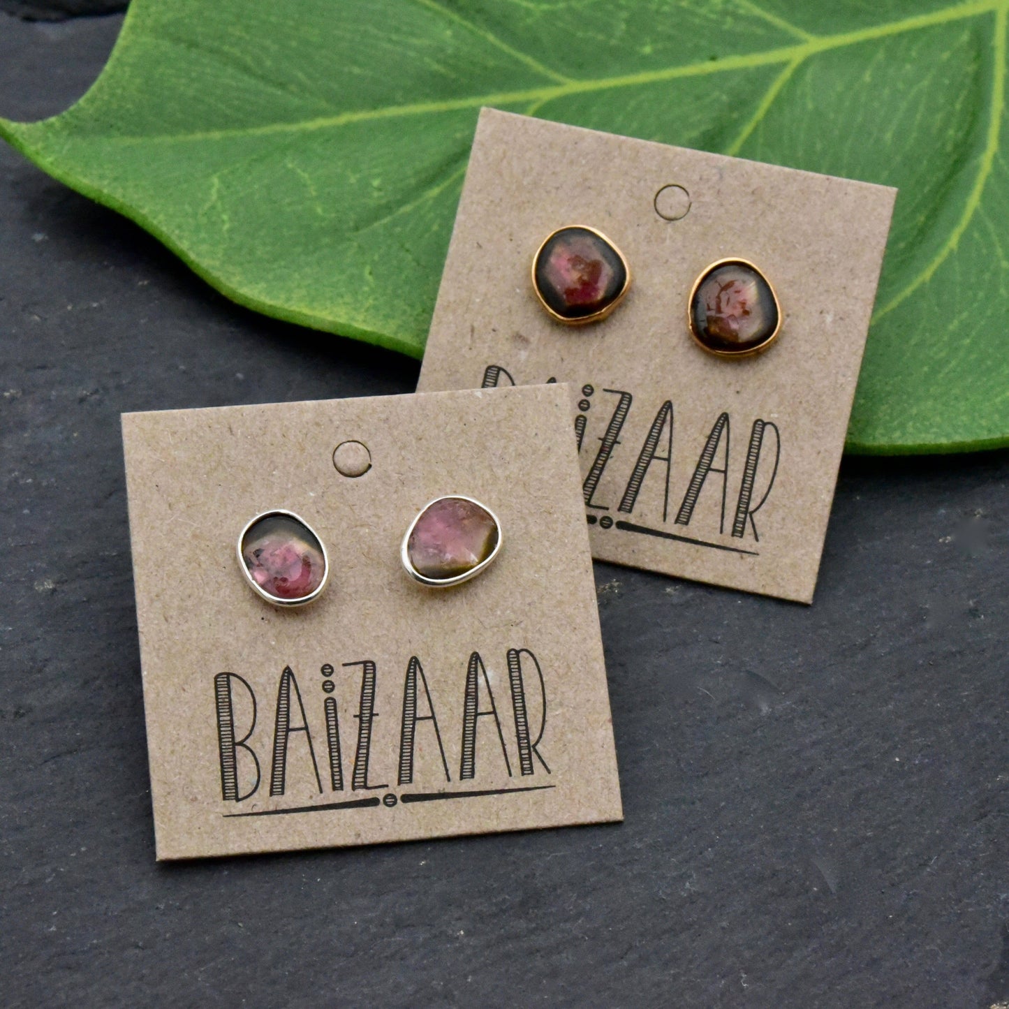 Gold Plated Tourmaline Slice Stud Earrings - La De Da