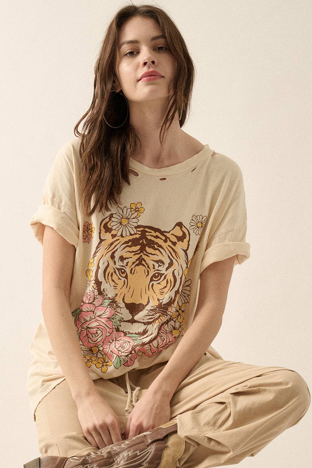 Flower Tiger Distressed Vintage-Wash Graphic Tee - La De Da