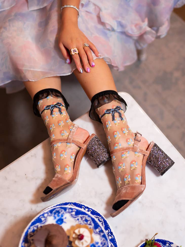 Repeat Floral Ruffle Sheer Crew Sock - La De Da