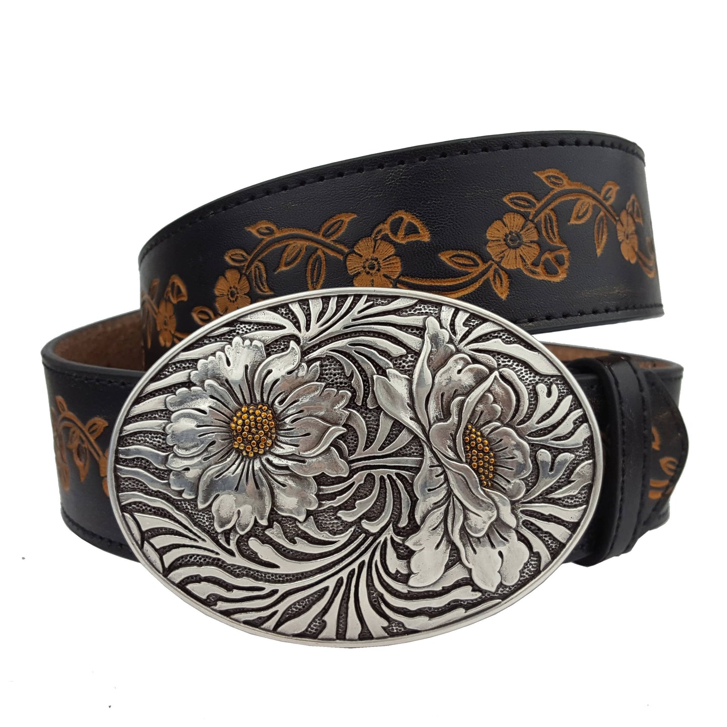 Popular Sunflower Buckle with Vintage floral tooled belt - La De Da