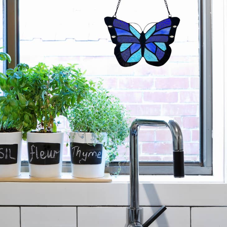 Cobalt Butterfly Stained Glass Window Panel - La De Da