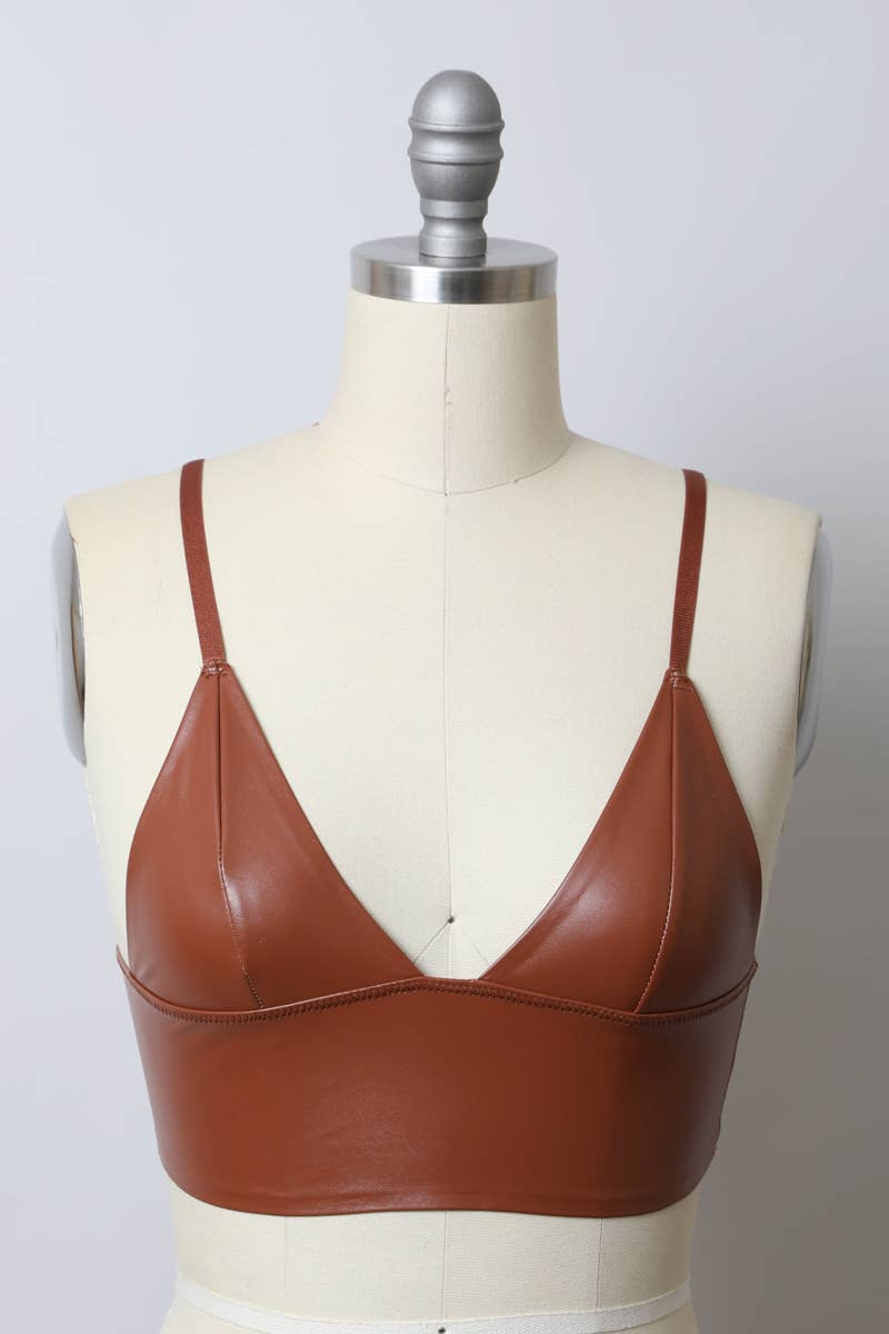 Faux Leather Longline Bralette Cognac - La De Da