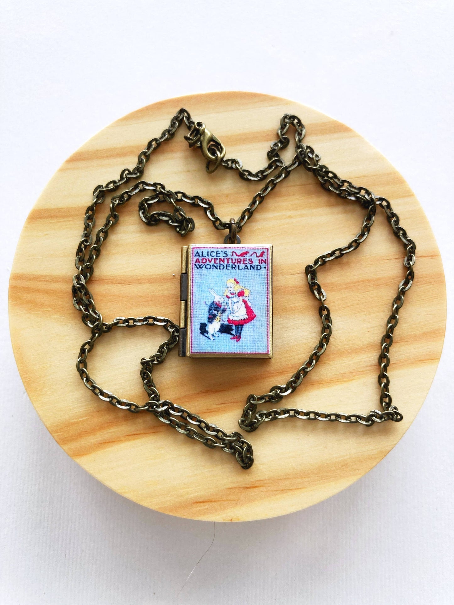 Book Locket Alice In Wonderland - Blue with Rabbit - Bronze