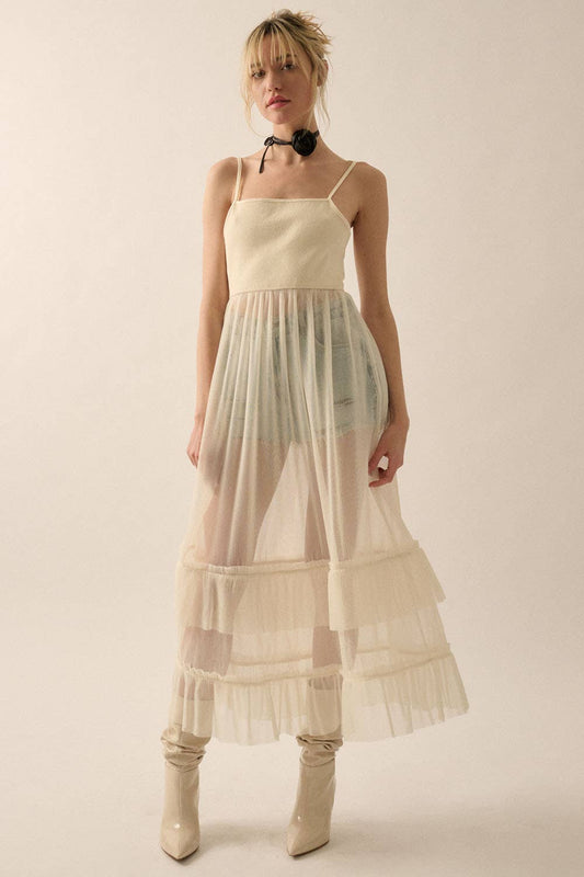 Solid Rib-Knit Bodice Pleated Organza Dress - Cream