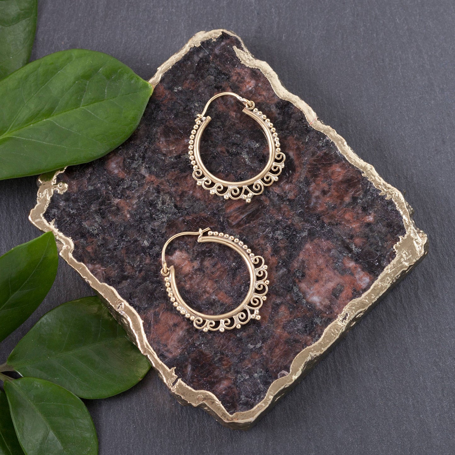 Small Brass Decorated Hoop Earrings - La De Da