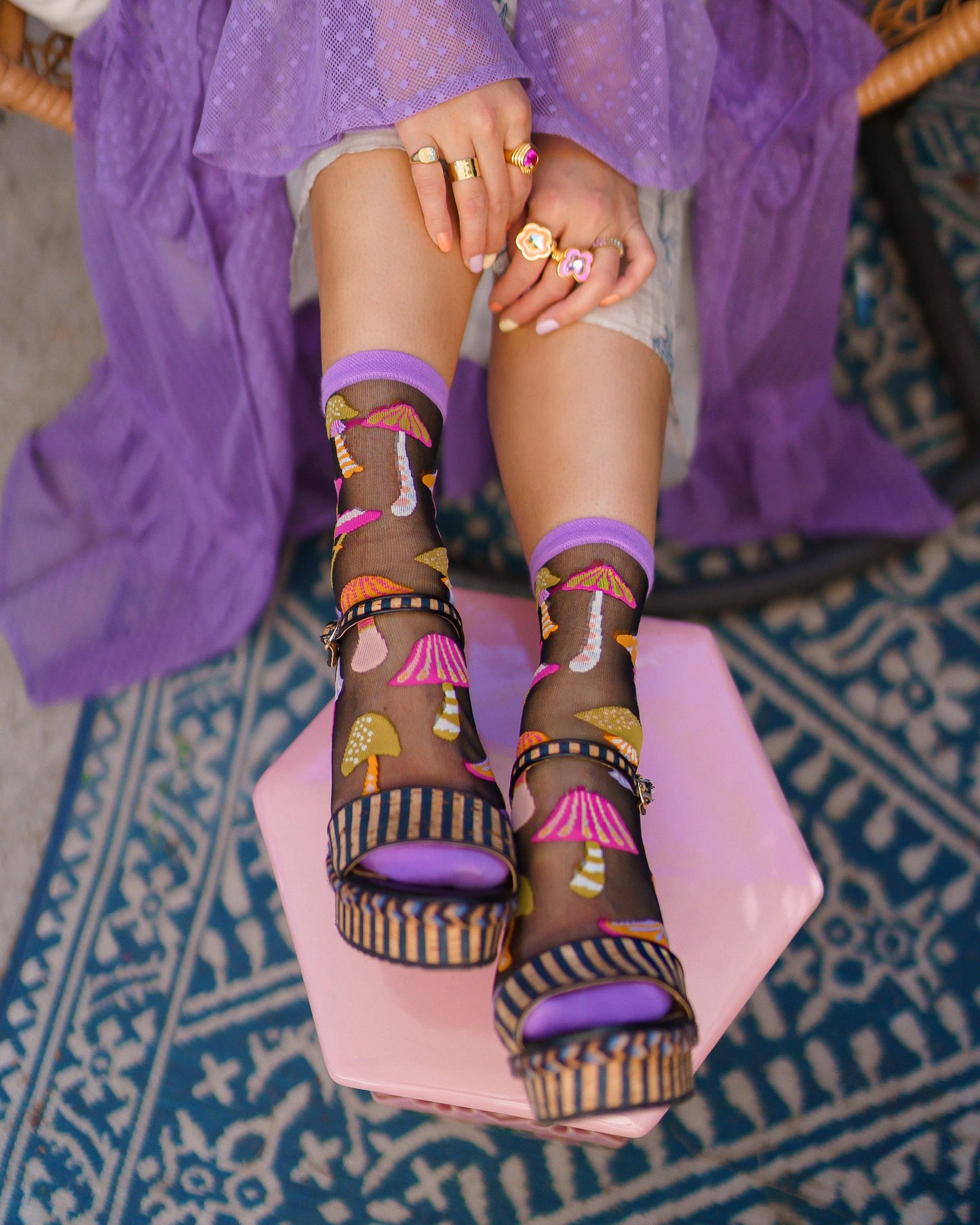 Magic Mushrooms Black Sheer Crew Sock - La De Da